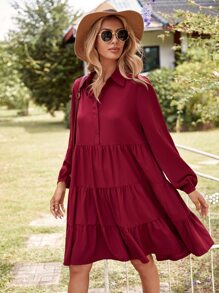 SHEIN VCAY Solid Ruffle Hem Smock Dress - Burgundy - View 5