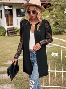 SHEIN Clasi Abrigo de malla en contraste con parte delantera abierta - Negro - Ver 1