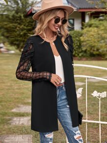 SHEIN Clasi Abrigo de malla en contraste con parte delantera abierta - Negro - Ver 3