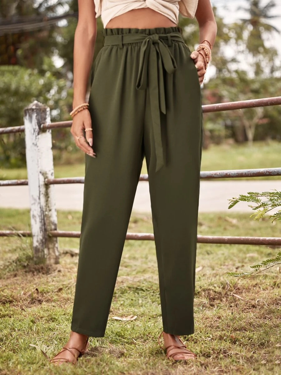SHEIN LUNE Paperbag Waist Knot Front Trousers - Army Green - View 1