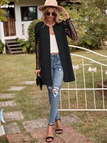 SHEIN Clasi Abrigo de malla en contraste con parte delantera abierta - Negro - Ver 4