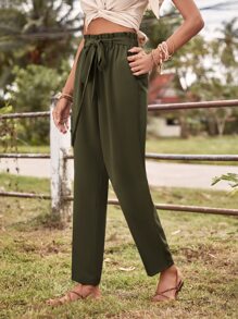 SHEIN LUNE Paperbag Waist Knot Front Trousers - Army Green - View 5