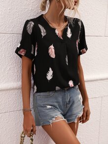 SHEIN LUNE 羽毛印花缺口領襯衫 - 黑色 - 查看 5