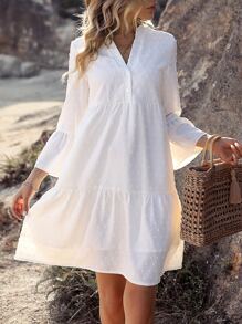 Breezaya Solid Swiss Dot Flounce Sleeve Ruffle Hem Smock Dress - White - View 3