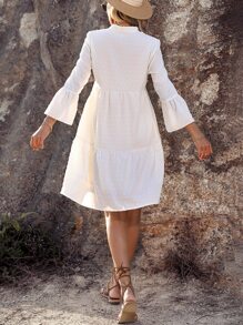 Breezaya Solid Swiss Dot Flounce Sleeve Ruffle Hem Smock Dress - White - View 4