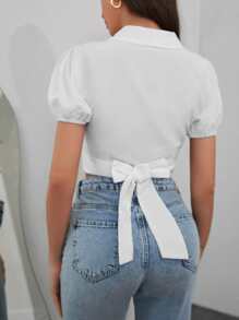 SHEIN Cottnline Camisa crop unicolor con botón delantero con cordón trasero - Blanco - Ver 2