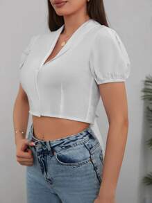SHEIN Cottnline Camisa crop unicolor con botón delantero con cordón trasero - Blanco - Ver 3