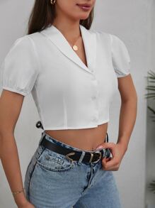 SHEIN Cottnline Camisa crop unicolor con botón delantero con cordón trasero - Blanco - Ver 4