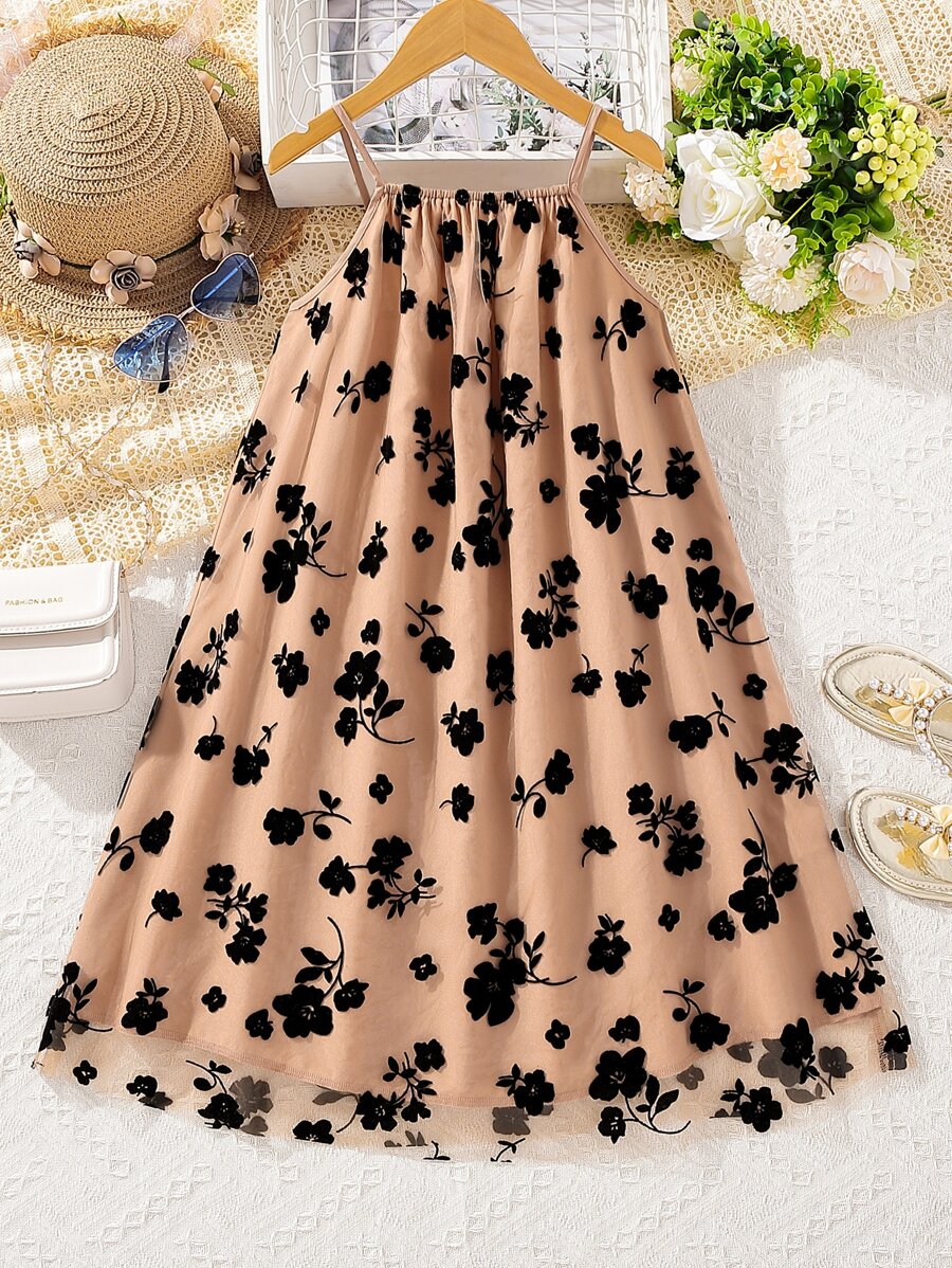 SHEIN Tween Girl Floral Print Mesh Overlay Cami Dress - Brown - View 1