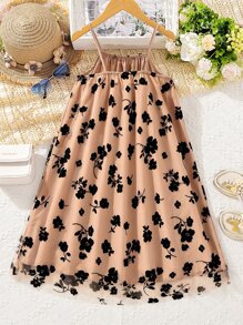 SHEIN Tween Girl Floral Print Mesh Overlay Cami Dress - Brown - View 2