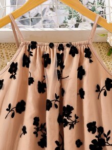 SHEIN Tween Girl Floral Print Mesh Overlay Cami Dress - Brown - View 3