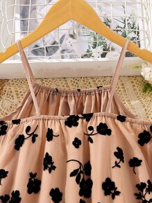 SHEIN Tween Girl Floral Print Mesh Overlay Cami Dress - Brown - View 4