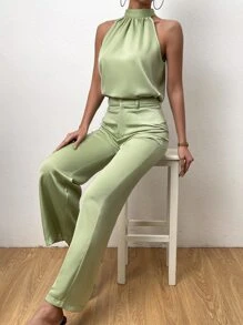 Chiquease Halter Neck Tank Blouse & Wide Leg Pants - Green - View 3
