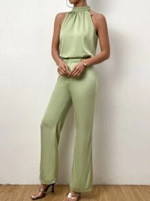 Chiquease Halter Neck Tank Blouse & Wide Leg Pants - Green - View 4