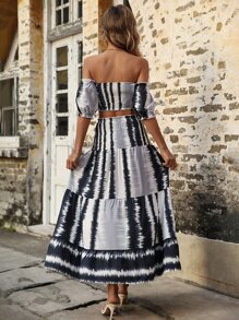 SHEIN LUNE Allover Print Shirred Detail Off Shoulder Crop Top & Ruffle Hem Skirt - Black - View 3