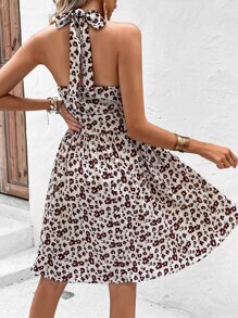 SHEIN LUNE Đầm Lộ Lưng Buộc lại Hoa Tất cả trên in Boho - Màu be - Xem 2