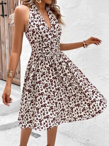 SHEIN LUNE Đầm Lộ Lưng Buộc lại Hoa Tất cả trên in Boho - Màu be - Xem 4