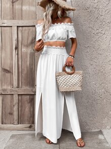 SHEIN VCAY 素色蕾絲邊一字肩短款上衣和高衩長褲 - 白色 - 查看 3
