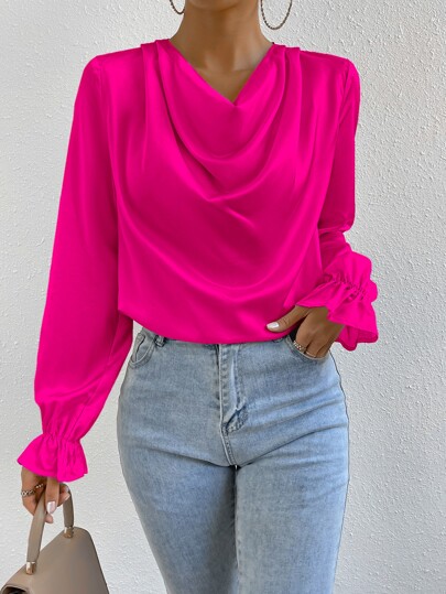 Almamuse Draped Front Flounce Sleeve Satin Blouse,Long Sleeve Tops Fall Cloth For Women