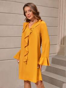 SHEIN Clasi Vestido ribete con fruncido de manga con volante - Mostaza Amarilla - Ver 5