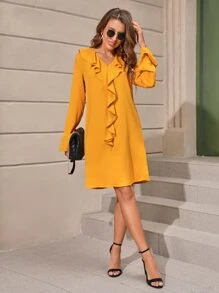 SHEIN Clasi Vestido ribete con fruncido de manga con volante - Mostaza Amarilla - Ver 6