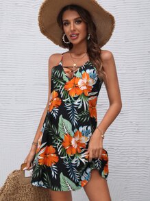 SHEIN VCAY 熱帶圖案吊帶洋裝 - 黑色 - 查看 5