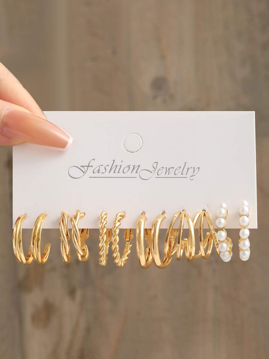 6pairs Faux Pearl Decor Hoop Earrings - Yellow Gold - View 1