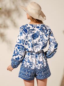 SHEIN VCAY Floral Print Lantern Sleeve Drawstring Waist Romper