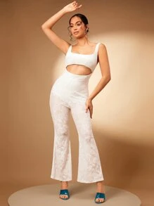 SHEIN BAE 腰部鏤空喇叭連身褲 - 白色 - 查看 2