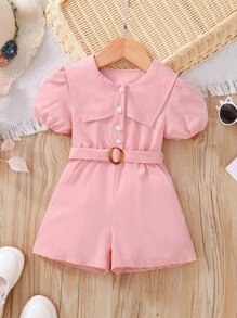 小女童泡泡袖腰帶襯衫連體短褲