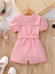 小女童泡泡袖腰帶襯衫連體短褲