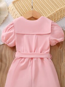 小女童泡泡袖腰帶襯衫連體短褲