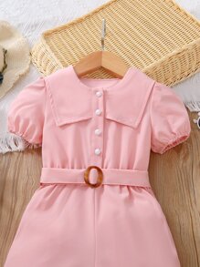 小女童泡泡袖腰帶襯衫連體短褲