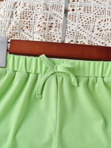 Girls Solid Bow Front Shorts - Green - View 3