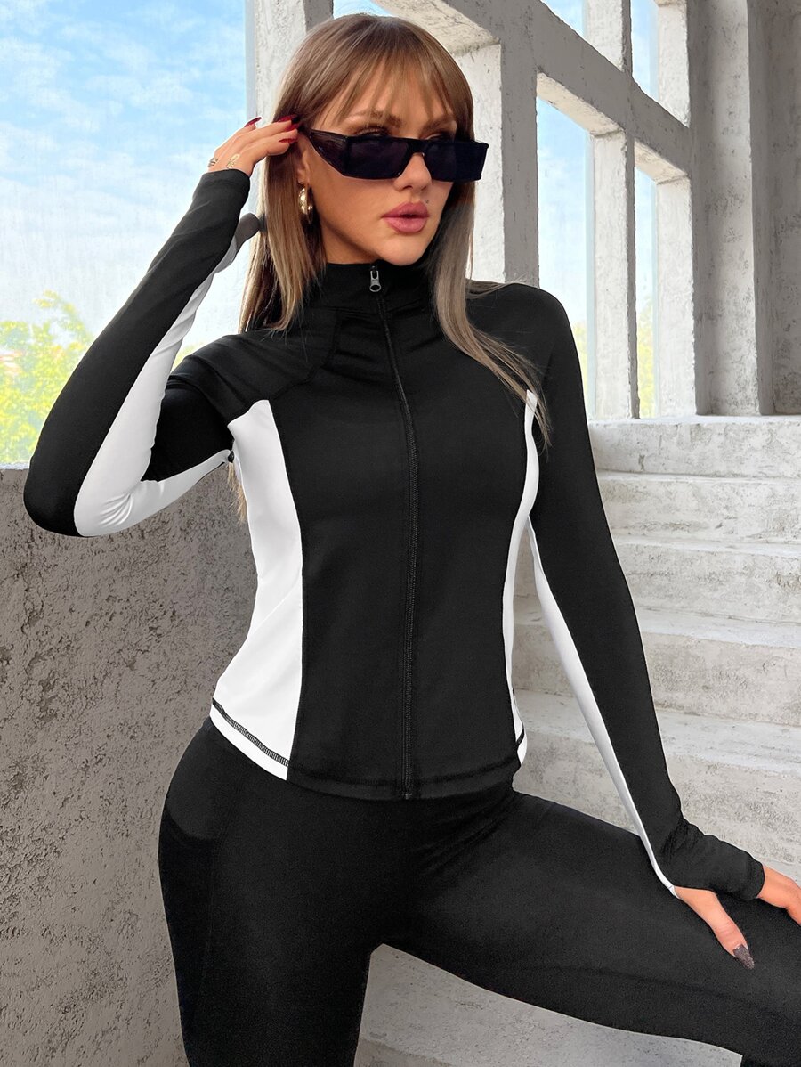 Contrast Panel Zip Up Sports Jacket - Black - View 1