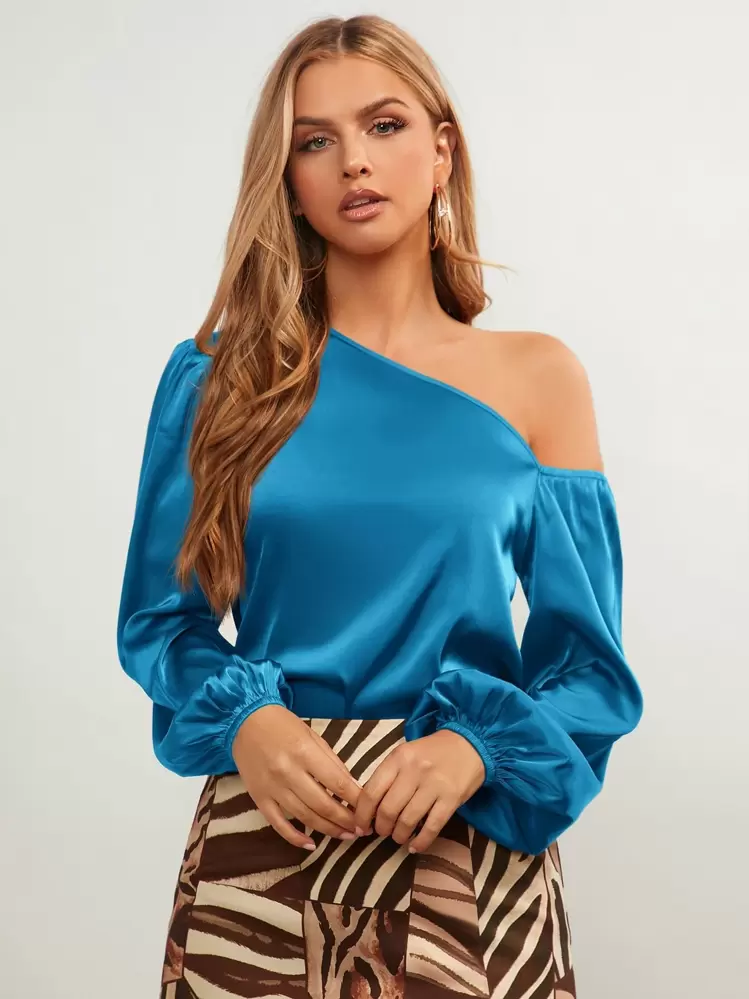 SHEIN BAE Asymmetrical Neck Lantern Sleeve Satin Top - Blue - View 1