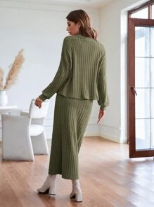 SHEIN Clasi Solid Mock Neck Drop Shoulder Tee & Skirt Thread Ribbed