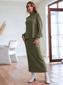 SHEIN Clasi Solid Mock Neck Drop Shoulder Tee & Skirt Thread Ribbed
