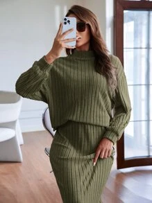 SHEIN Clasi Solid Mock Neck Drop Shoulder Tee & Skirt Thread Ribbed