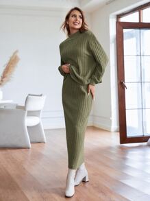 SHEIN Clasi Solid Mock Neck Drop Shoulder Tee & Skirt Thread Ribbed