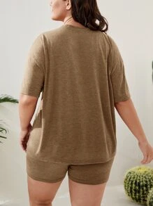 SHEIN LUNE 大碼素色落肩T恤和短褲 - 卡其色 - 查看 2