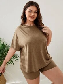 SHEIN LUNE 大碼素色落肩T恤和短褲 - 卡其色 - 查看 4