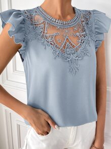 SHEIN Clasi 拼接水溶蕾絲荷葉袖襯衫 - 淺藍色 - 查看 3