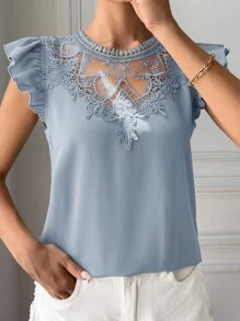 SHEIN Clasi 拼接水溶蕾絲荷葉袖襯衫 - 淺藍色 - 查看 4