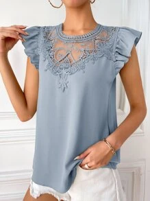 SHEIN Clasi 拼接水溶蕾絲荷葉袖襯衫 - 淺藍色 - 查看 5