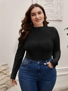 SHEIN Clasi 大碼木耳邊條紋針織連體衣 - 黑色 - 查看 6