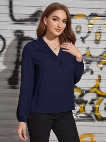 SHEIN Clasi V Neck Lantern Sleeve Solid Top - Navy Blue - View 4