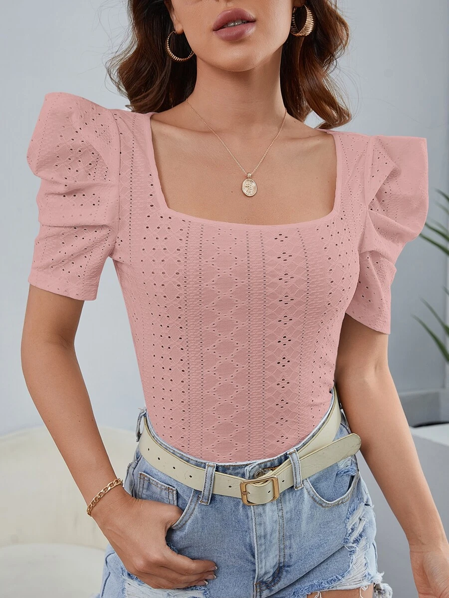 SHEIN Clasi Áo thun nữ Tranh thêu màu trơn Giải trí - Bụi hồng - Xem 1