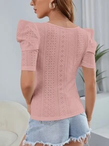 SHEIN Clasi Áo thun nữ Tranh thêu màu trơn Giải trí - Bụi hồng - Xem 2