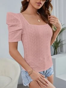 SHEIN Clasi Áo thun nữ Tranh thêu màu trơn Giải trí - Bụi hồng - Xem 3